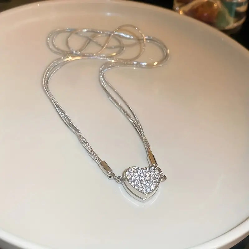 Luxury Heart-Shaped Zircon Multilayer Magnet Necklace